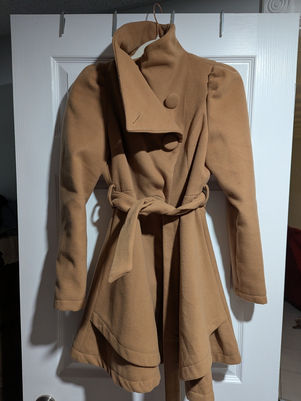 Women's Camel Asymmetrical Tie-Waist Coat